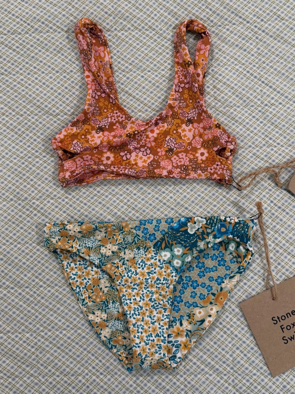 Stone Fox Swim Girls Floral Two-Piece - Rust Pink Top & Teal Multi Bottom